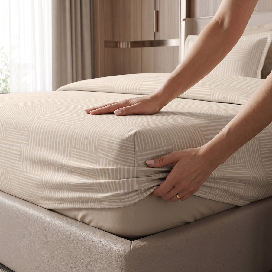Basketweave Ivory King Fitted 100% Cotton Bedsheet Set