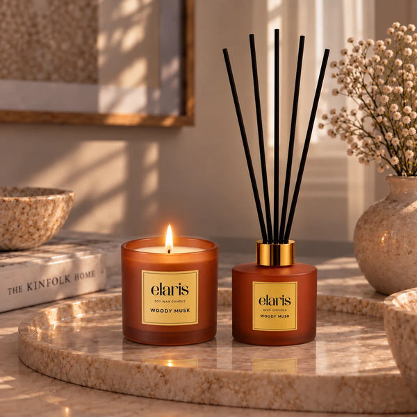 Elaris Woody Musk Candle & Reed Diffuser Gift Set