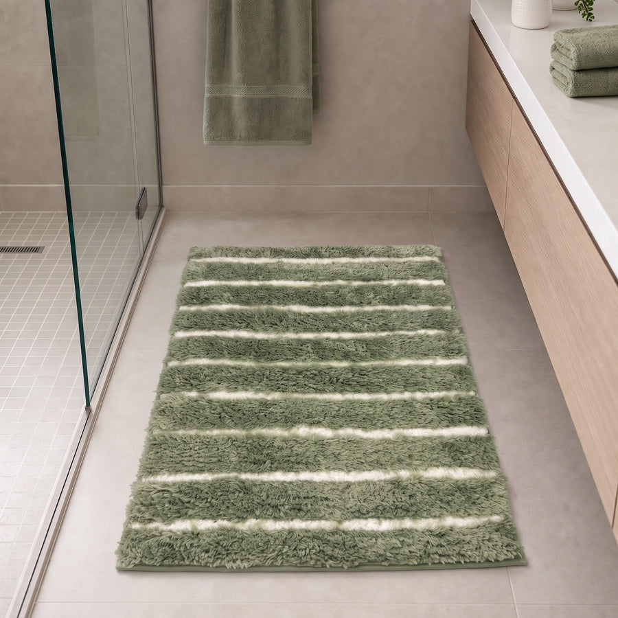 Sage Green & White Striped Anti Slip Bath Mat, 50 x 80 cm