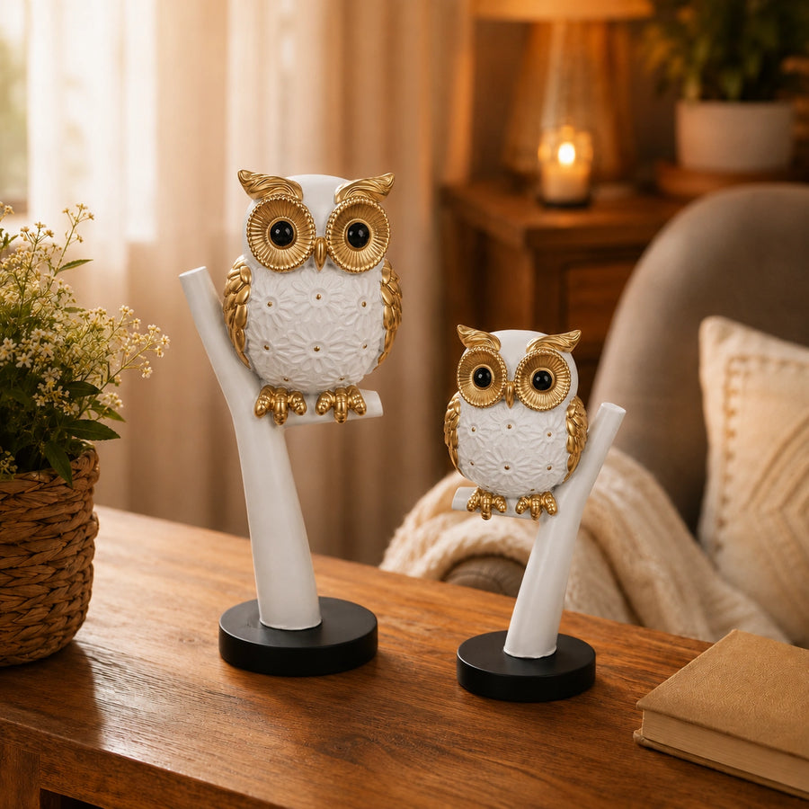 Elaris Owl Figurine Set - White & Gold Showpiece Duo