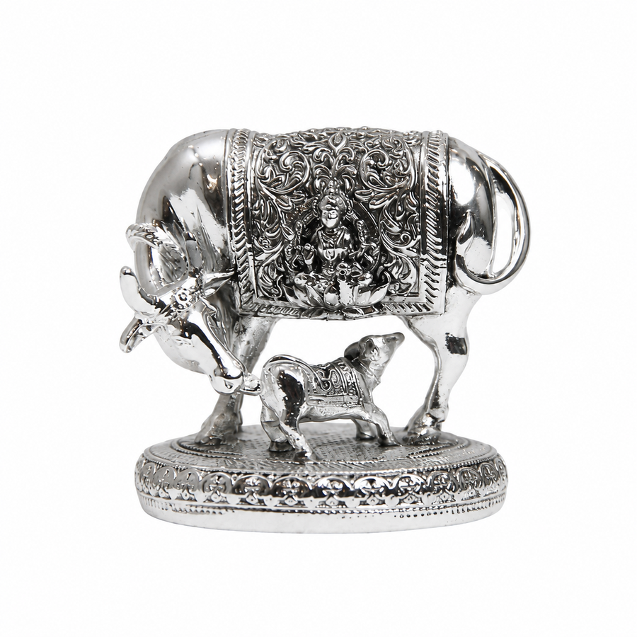 Elaris Kamdhenu Cow Idol – Medium, Silver Plated Showpiece