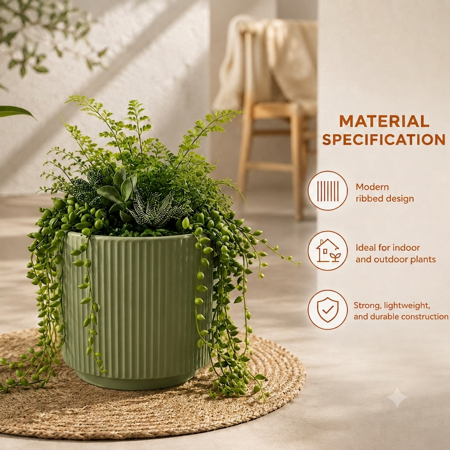 Elaris Ribbed Ceramic Planter - Sage Green, Single