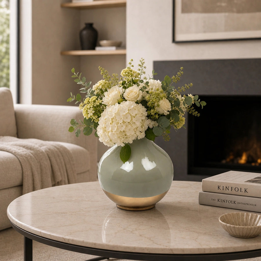Elaris Round Mint Green  Ceramic-Finish Vase with Gold Base
