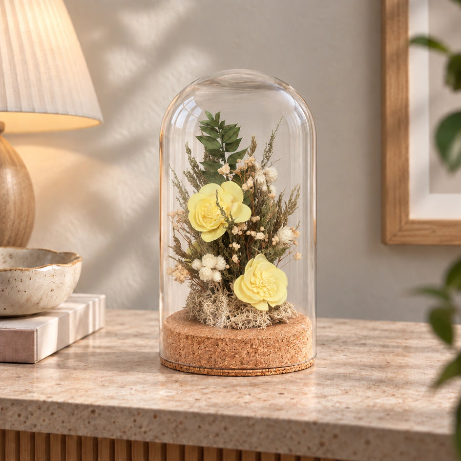 Elaris  Dried Flower Glass Dome – Yellow & Green