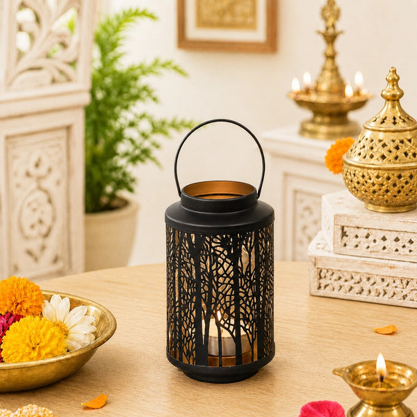 Elaris Cutwork Candle Lantern – Black & Gold, Iron