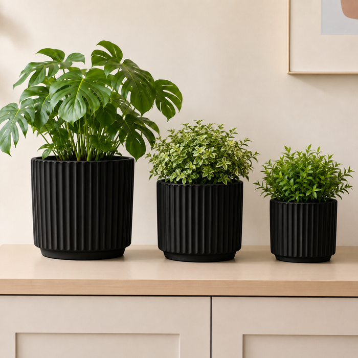Elaris Ribbed Ceramic Planter Set - Striking Textured Black