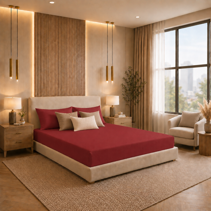 Elaris Solid Maroon King Fitted 100% Cotton Bedsheet Set