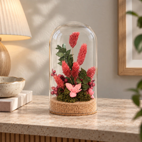Elaris  Dried Flower Glass Dome – Coral Pink & Green