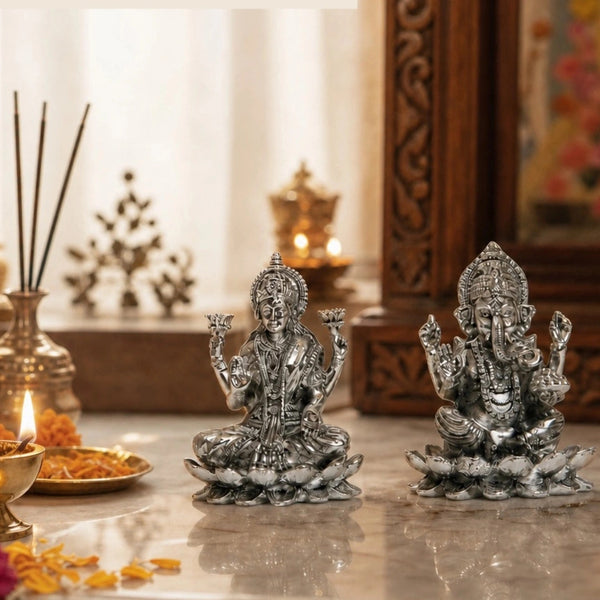 Elaris Lakshmi Ganesha Idol on Lotus – Silver Plated