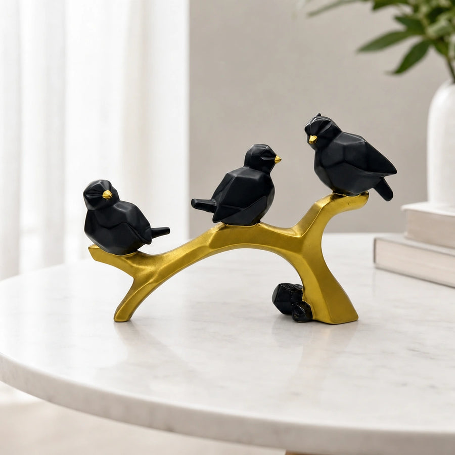 Elaris Birds Trio Showpiece - Black & Gold Branch Sculpture