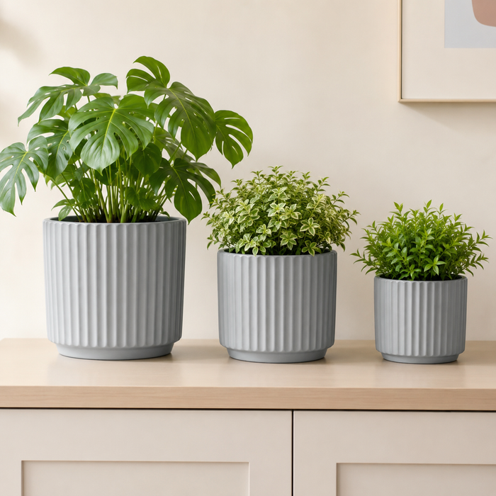 Elaris Ribbed Ceramic Planter Set - Timeless Grey, Set of 3