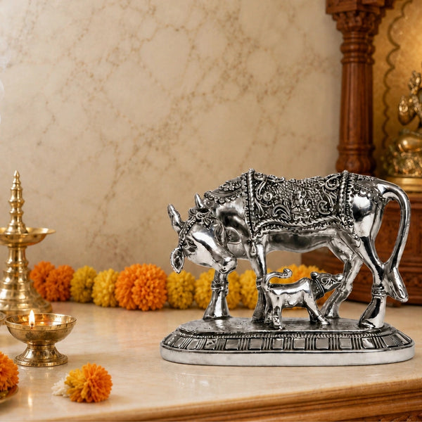 Elaris Kamdhenu Cow Idol – Medium, Silver Plated Showpiece