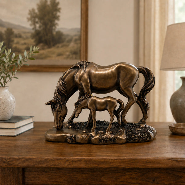 Elaris Graceful Mare & Foal Horse Sculpture Showpiece for Home & Office Décor | Nature-Inspired Decorative Figurine for Living Room, Study, Shelf & Console Table Styling