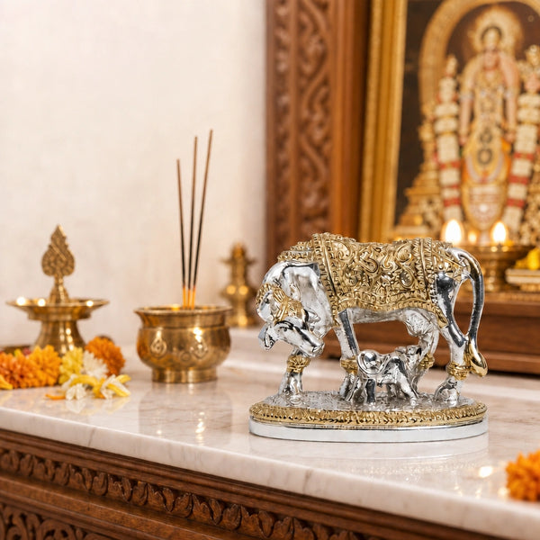 Elaris Kamdhenu Cow Idol – Small, Gold & Silver Plated