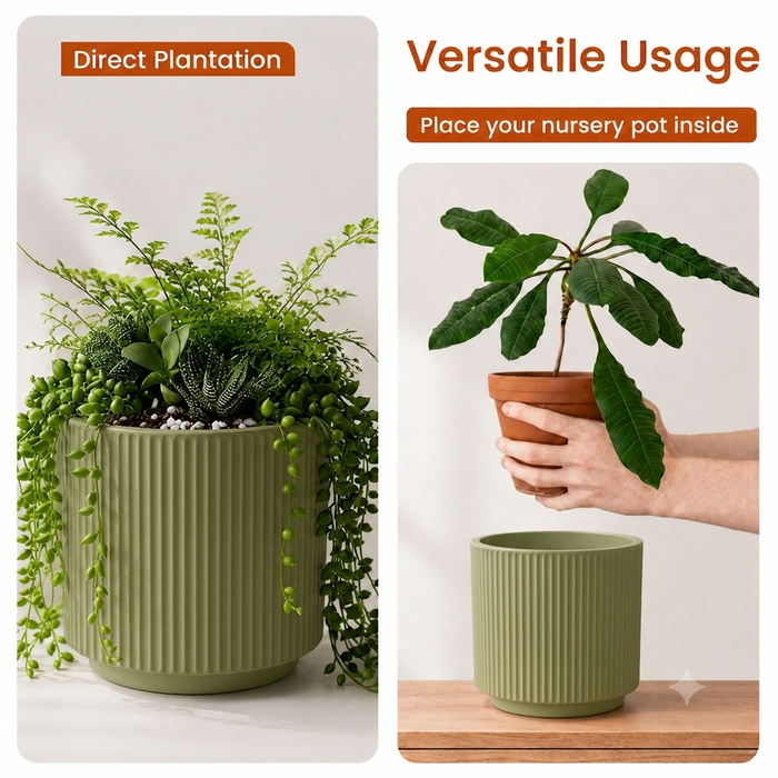 Elaris Ribbed Ceramic Planter - Sage Green, Single
