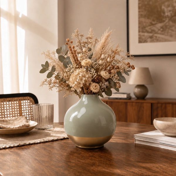 Elaris Round Mint Green  Ceramic-Finish Vase with Gold Base