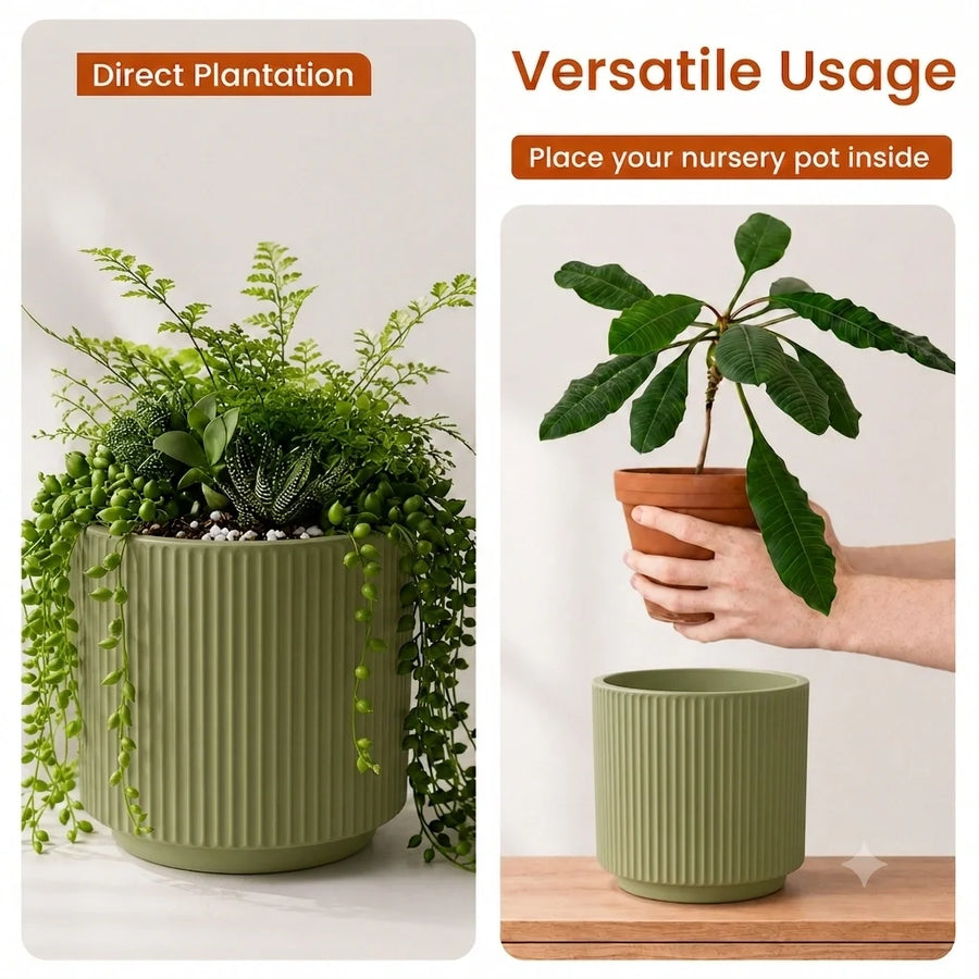 Elaris Ribbed Ceramic Planter - Sage Green, Single