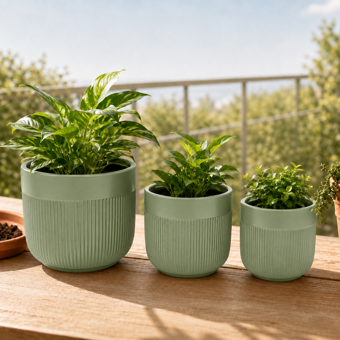 Elaris Ribbed Ceramic Planter Set - Serene Green, Set of 3
