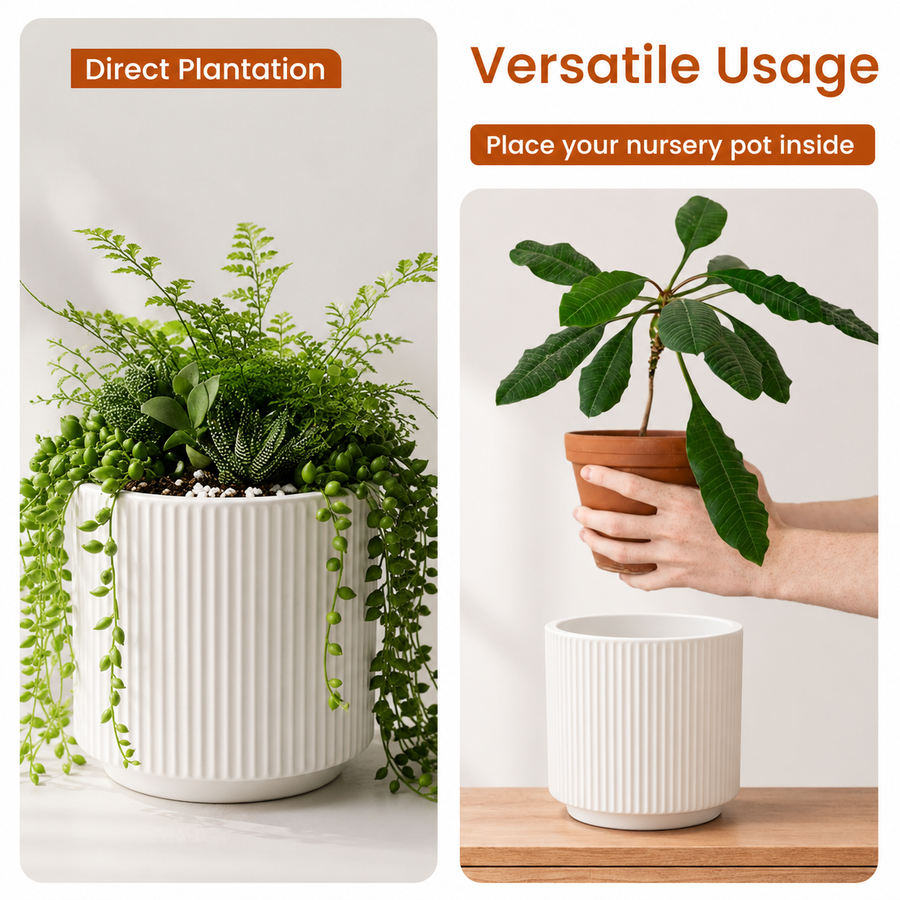Elaris Ribbed Ceramic Planter - Elegant White, Single