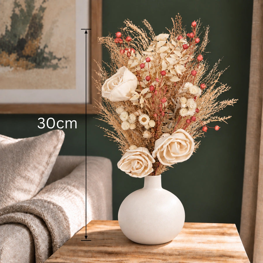 Elaris White Frost Dried Blooms With Vase