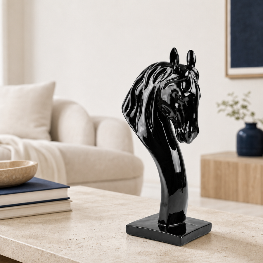 Elaris Horse Head Sculpture - Glossy Black Showpiece
