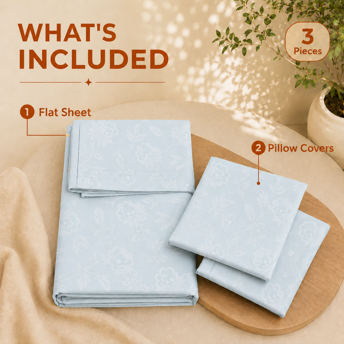 Elaris Self Print Powder Blue Queen Flat 100% Cotton Bedsheet Set