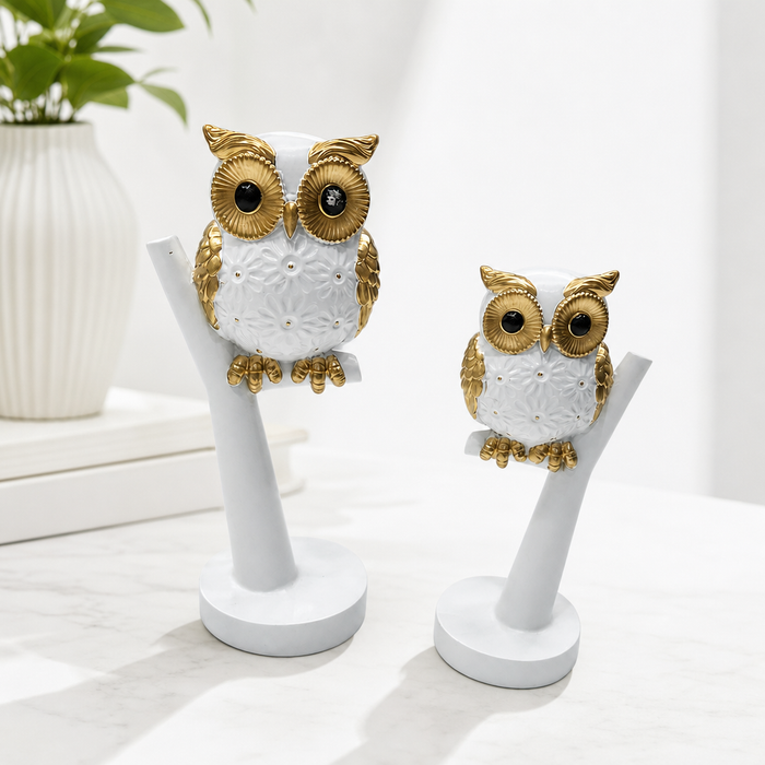 Elaris Owl Figurine Set - White & Gold Showpiece Duo
