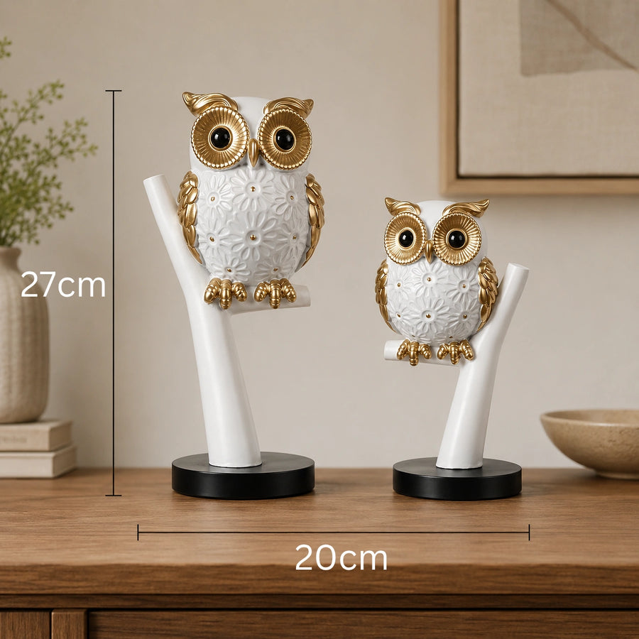Elaris Owl Figurine Set - White & Gold Showpiece Duo