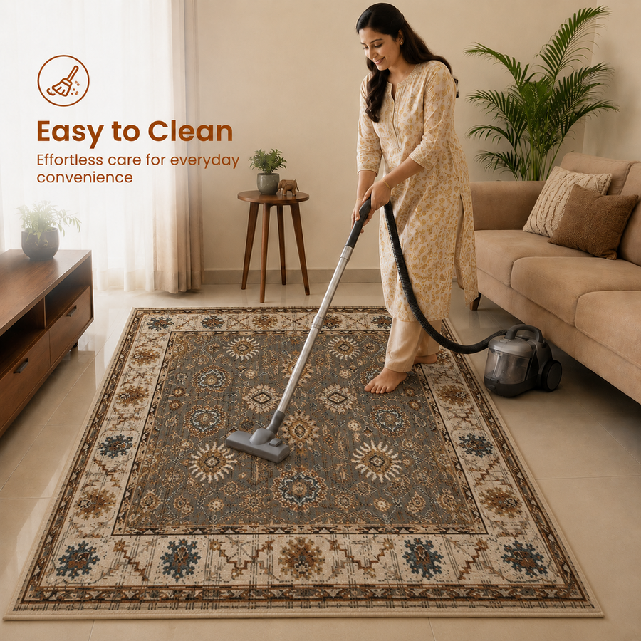 Charcoal Teal Heritage Anti-skid Washable Carpet & 2 Runner Set