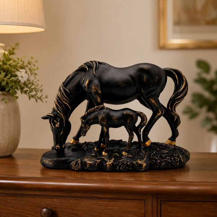Elaris Mare & Foal Showpiece - Sleek Black Modern Finish