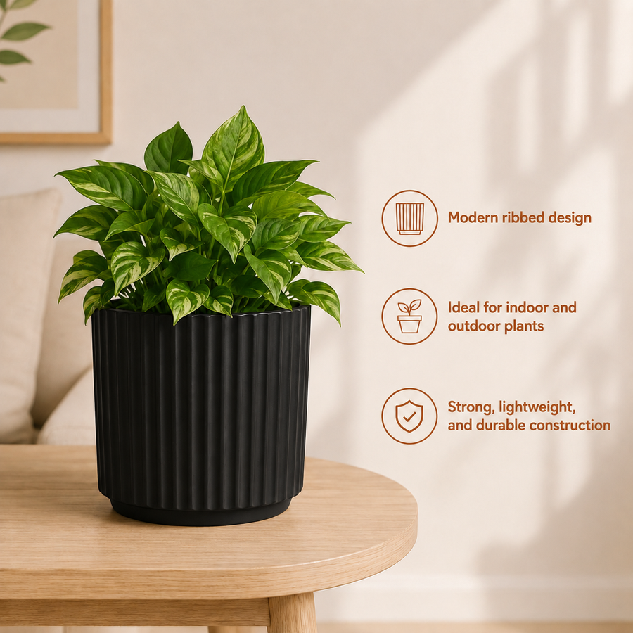 Elaris Ribbed Ceramic Planter Set - Striking Textured Black