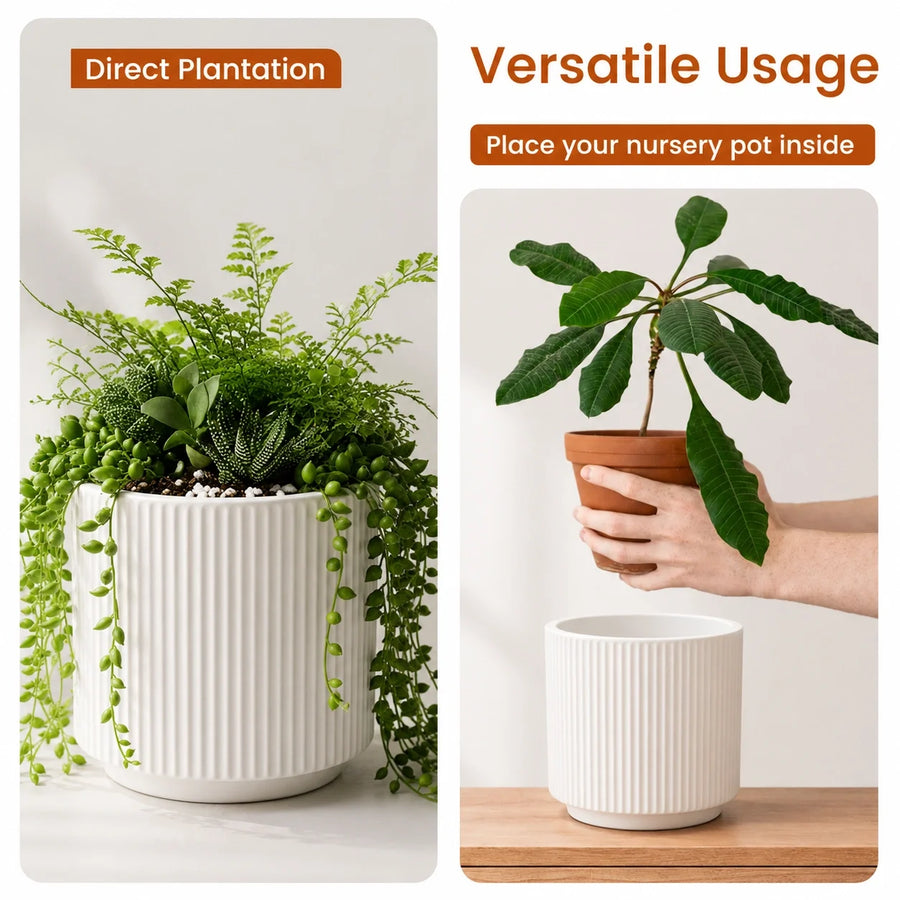 Elaris Ribbed Ceramic Planter - Elegant White, Single
