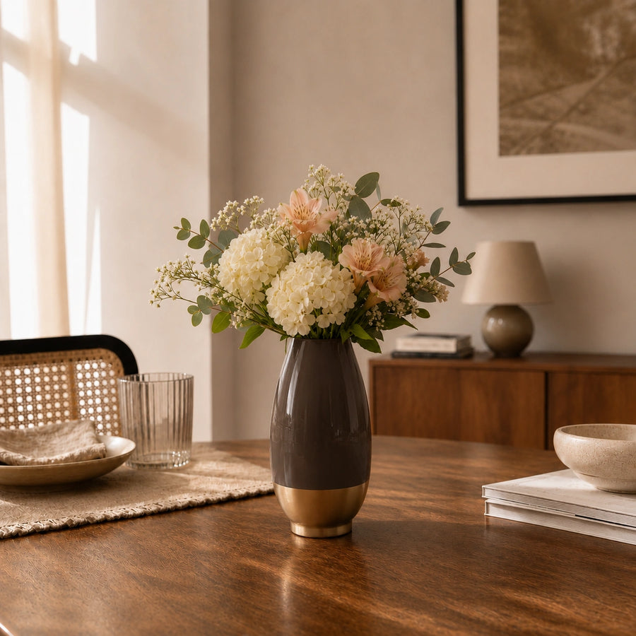 Elaris Tall  Chocolate Brown Ceramic-Finish Vase with Gold Base