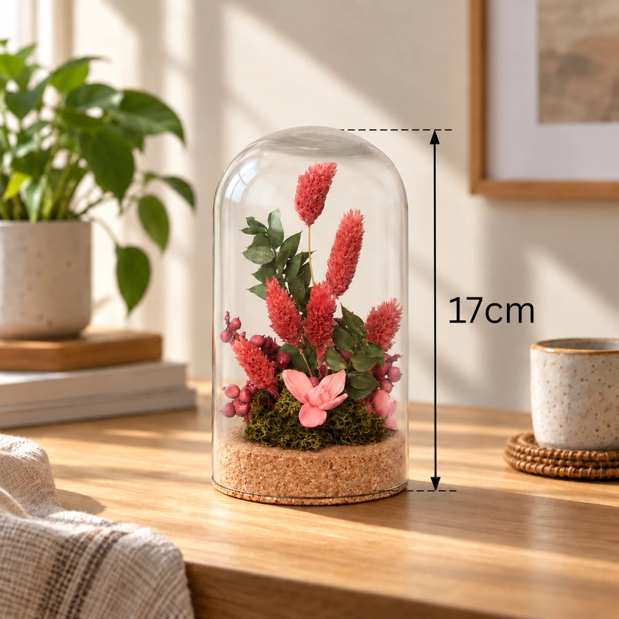 Elaris  Dried Flower Glass Dome – Coral Pink & Green