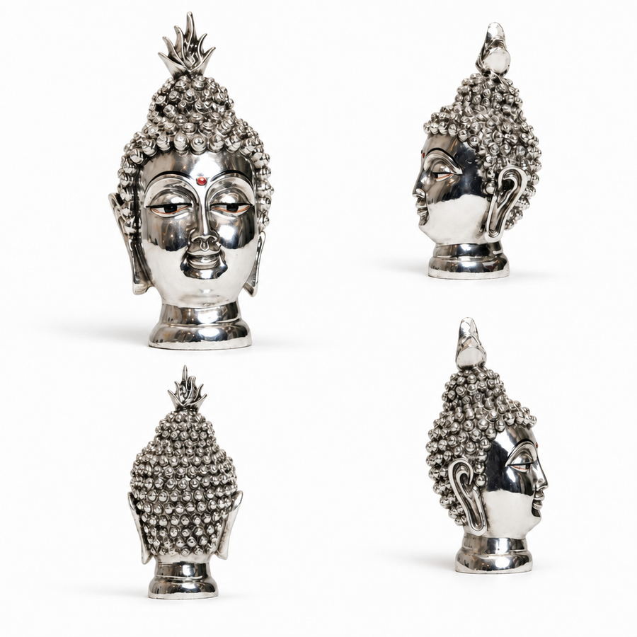 Elaris Buddha Face Idol – Silver Plated Home Showpiece