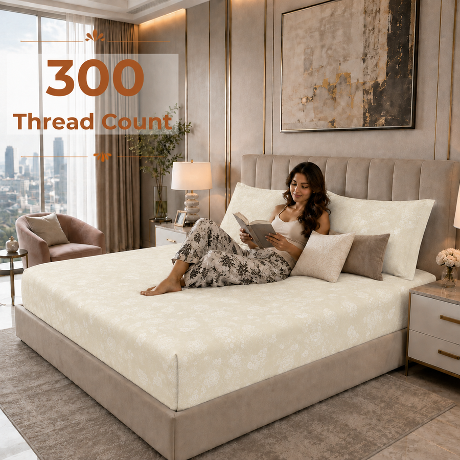 Elaris Self Print Beige King Flat 100% Cotton Bedsheet Set