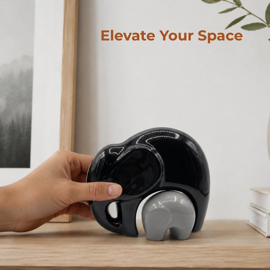 Elaris Elephant Family Showpiece - Black & Grey Ceramic Duo