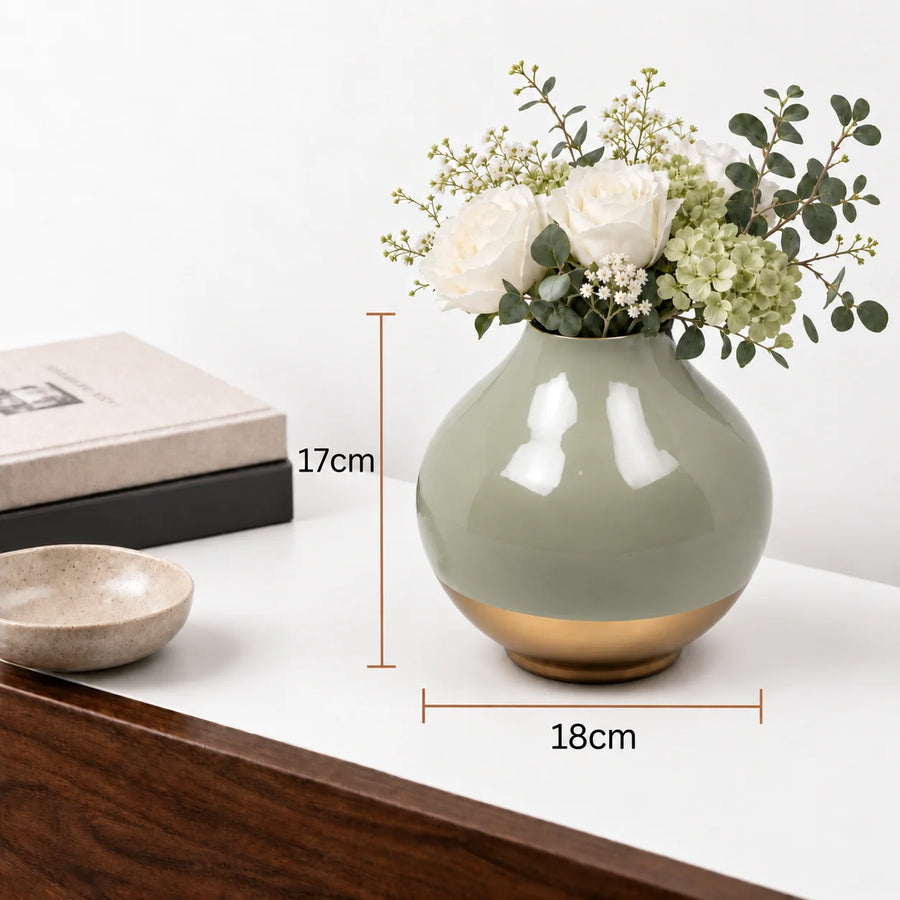 Elaris Round Mint Green  Ceramic-Finish Vase with Gold Base