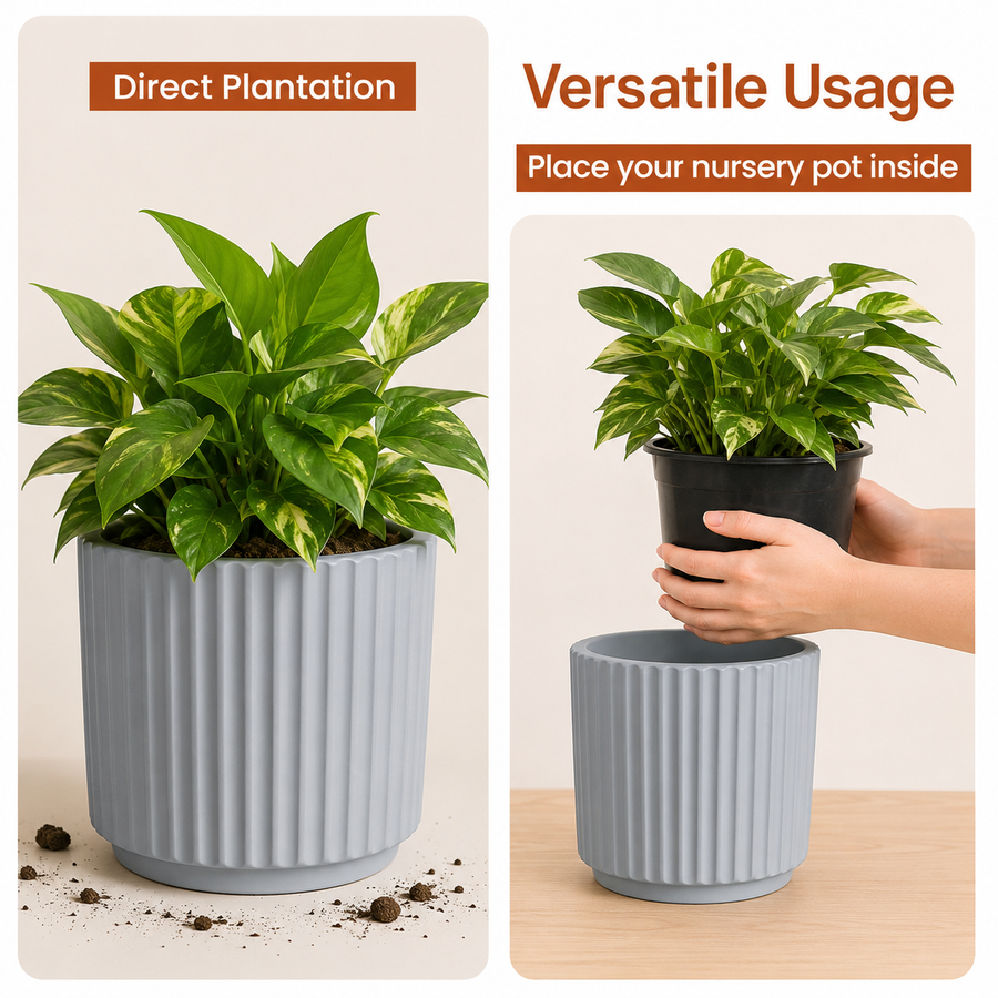 Elaris Ribbed Ceramic Planter Set - Timeless Grey, Set of 3