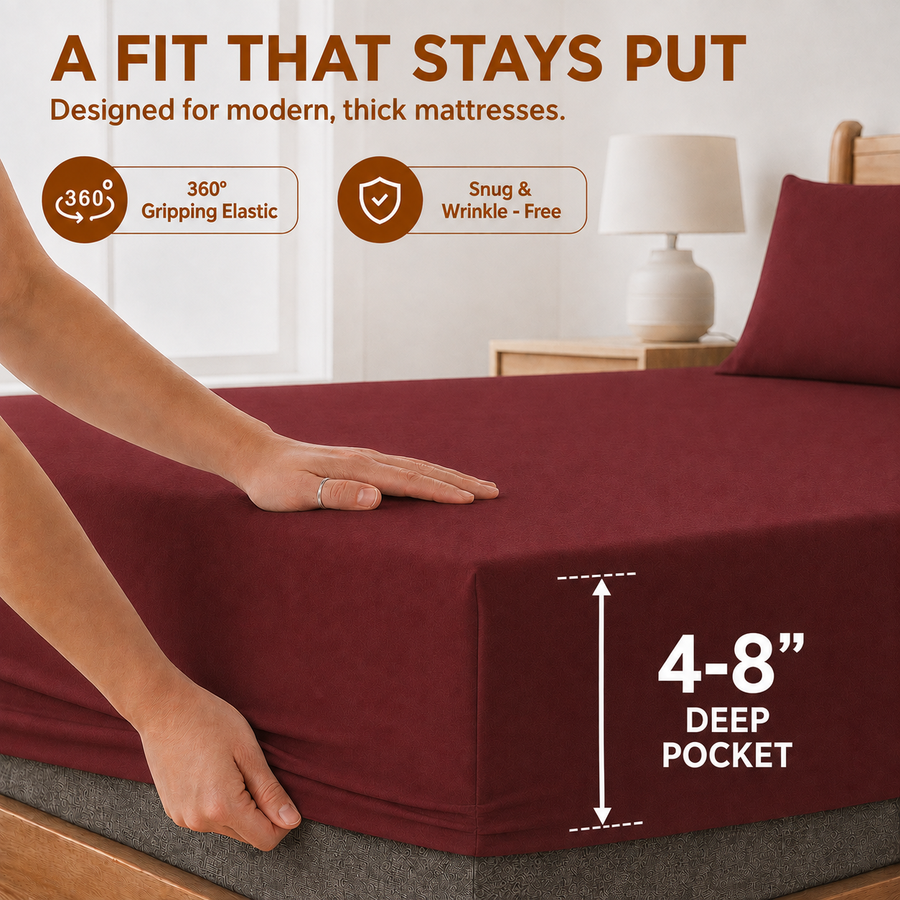 Elaris Solid Maroon King Fitted 100% Cotton Bedsheet Set