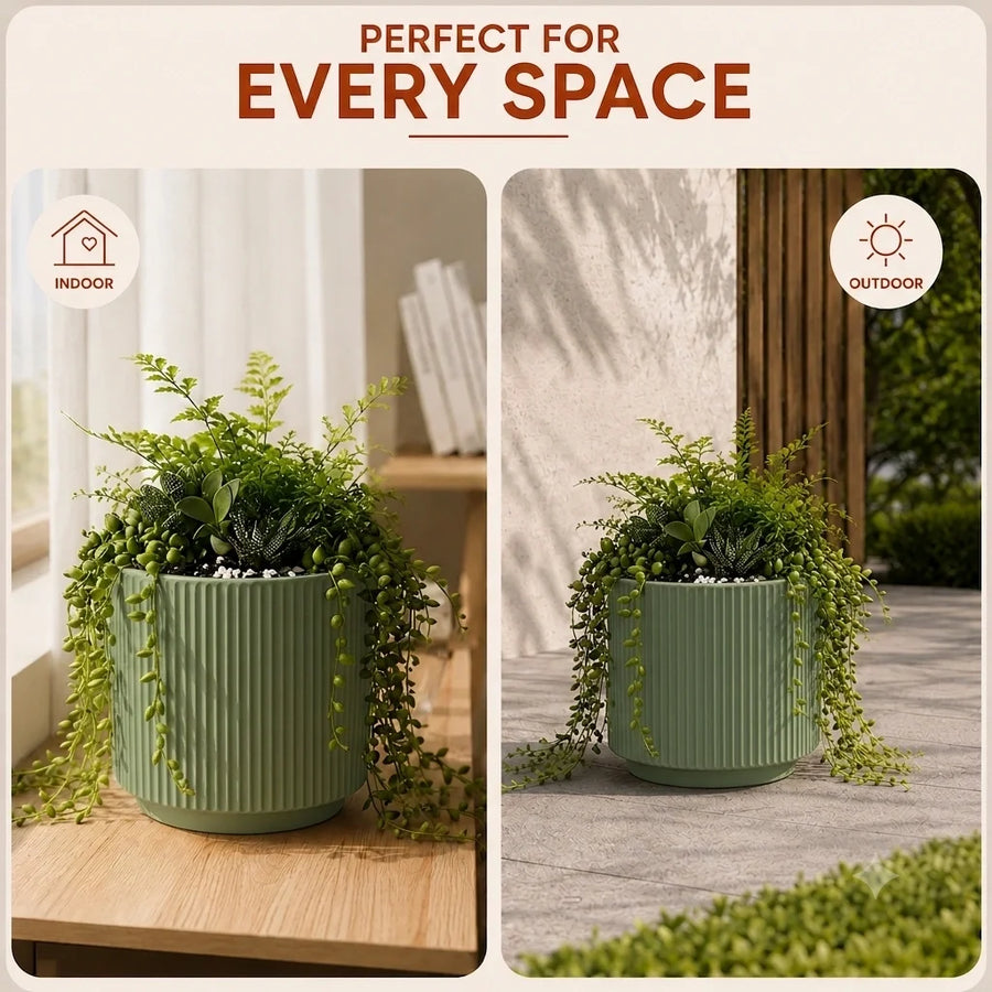 Elaris Ribbed Ceramic Planter - Sage Green, Single