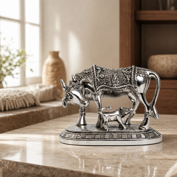 Elaris Kamdhenu Cow Idol – Medium, Silver Plated Showpiece