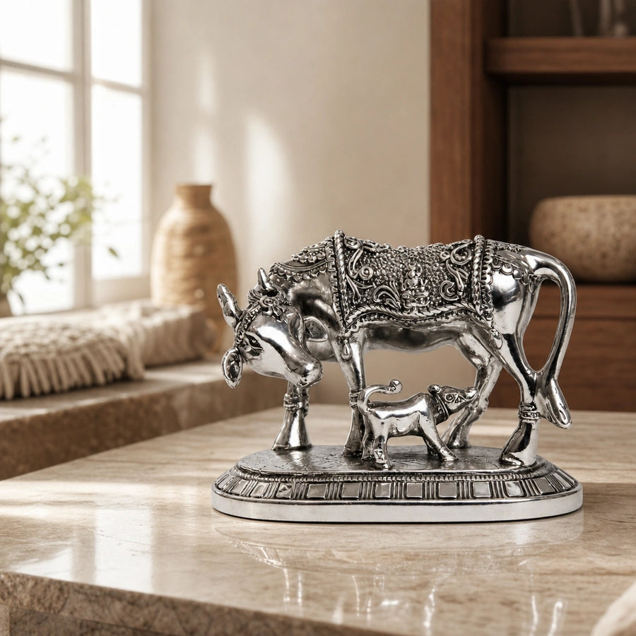 Elaris Kamdhenu Cow Idol – Medium, Silver Plated Showpiece
