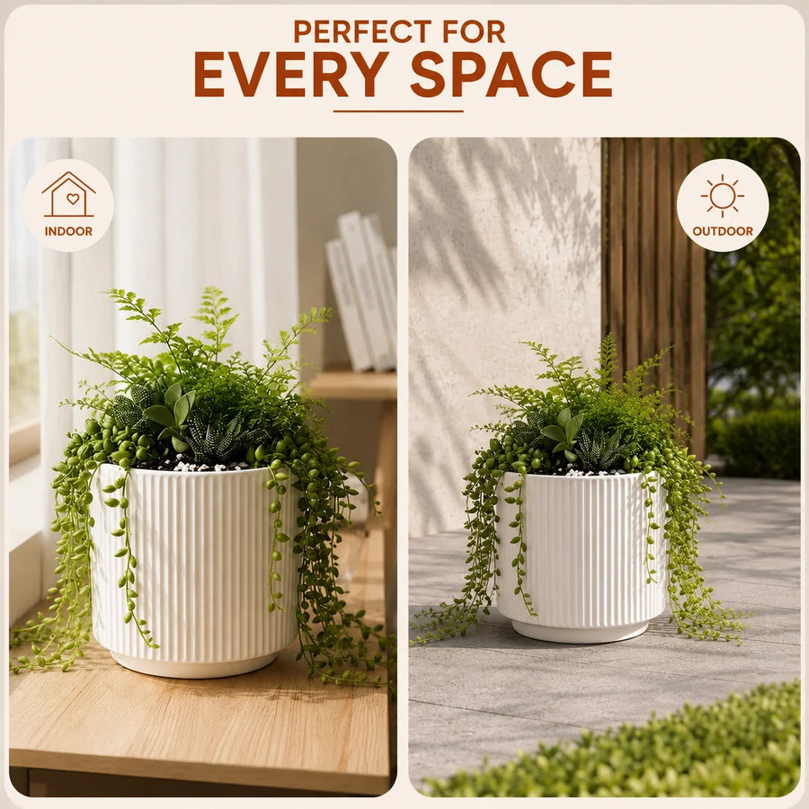 Elaris Ribbed Ceramic Planter - Elegant White, Single