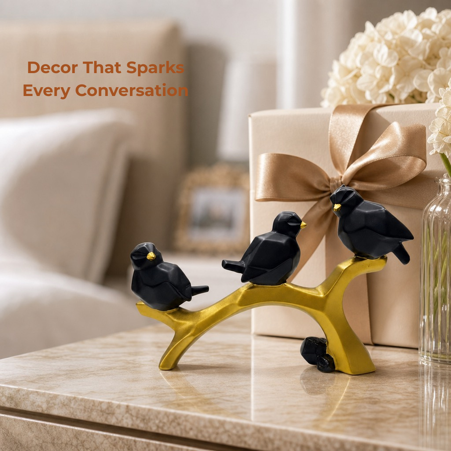 Elaris Birds Trio Showpiece - Black & Gold Branch Sculpture