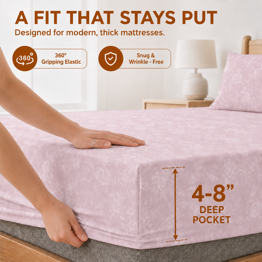 Elaris Self Print Pink Queen Fitted 100% Cotton Bedsheet Set