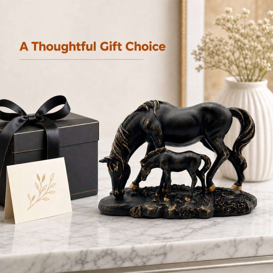 Elaris Mare & Foal Showpiece - Sleek Black Modern Finish