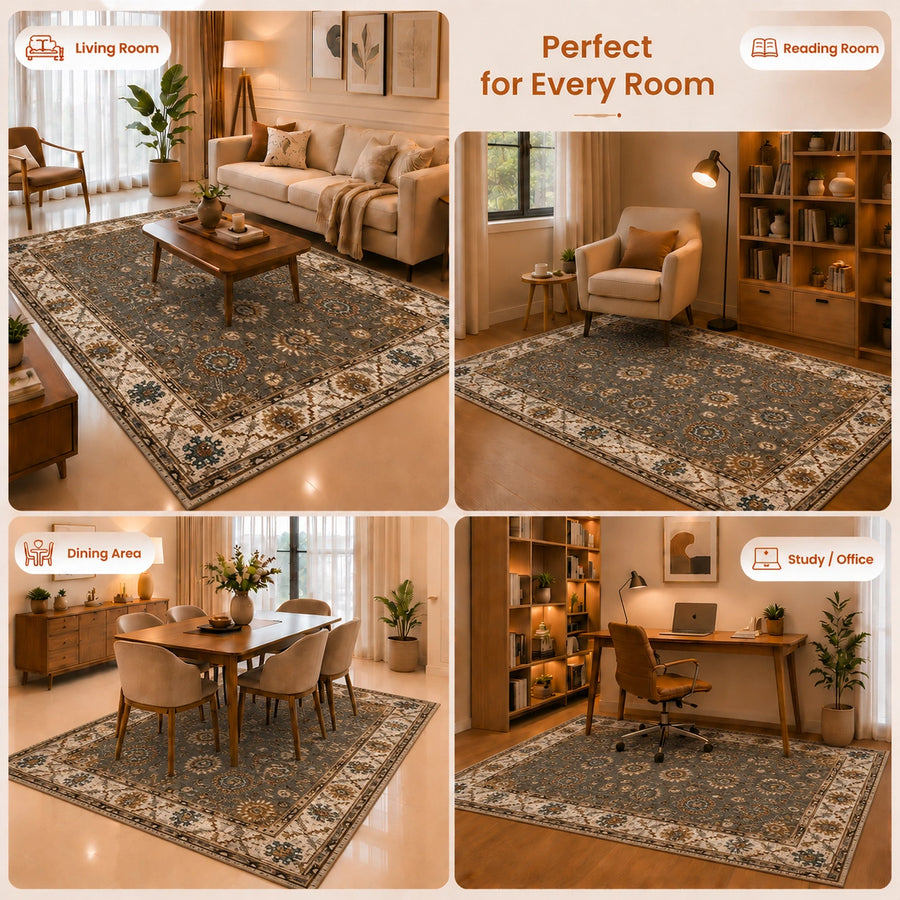 Charcoal Teal Heritage Anti-skid Washable Carpet & 2 Runner Set