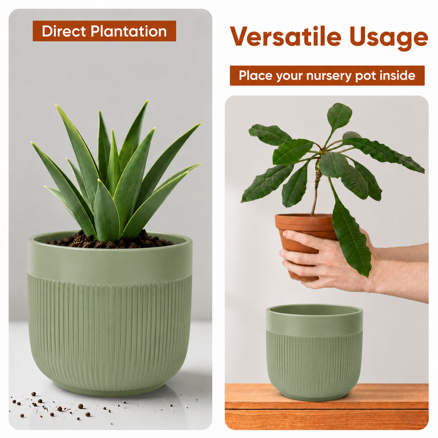 Elaris Ribbed Ceramic Planter Set - Serene Green, Set of 3