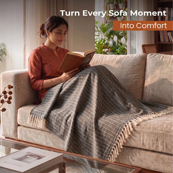 Elaris Grey Pinstripe Grid Throw